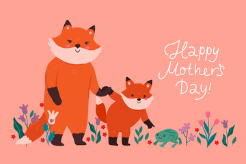 Mother's Day poster or card with fox and fox cub. Vector graphics.