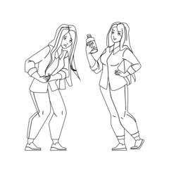 Woman With Upset Stomach And Treatment Black Line Pencil Drawing Vector. Young Girl With Upset Stomach And Nausea Drinking Water Or Painkiller Medicament. Character With Health Problem Illustration