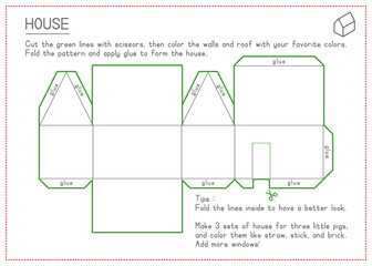 Children Learning Printable - Cutting, Coloring and Folding House