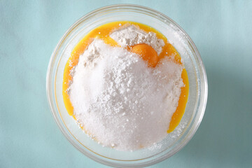 wheat flour with egg and sugar in Minsk, the third stage of home baking