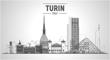 Turin, Italy skyline line skyline at white. Vector Illustration. Business travel and tourism concept with modern buildings. Image for banner or website