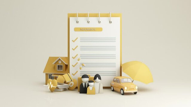 3d render of Insurance company complete insurance concept. Assurance and insurance, car, real estate and property, travel, finances, health, family and life. on white background 3d animation looped