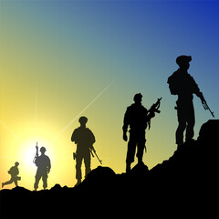 Silhouette of soldier isolated on sunset background. Elegant sunset background with soldier silhouette. 