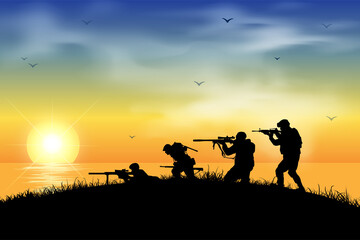 Fototapeta na wymiar Silhouette shot of soldier holding gun with sunset background. Silhouette Of Soldier With A Gun On A Background Of Sunset. Silhouette Soldiers Fighting In War vector illustration.