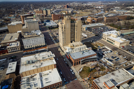 Aerial view from a drone of downtown Flint, Michigan