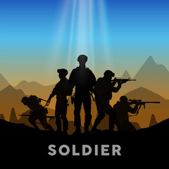 Fototapeta na wymiar Silhouette of military soldier or officer with weapons at colorful sky and mountain in background. Army military soldier Sunset vector.