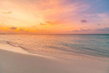 Sea sand sky beach closeup. Panoramic island landscape. Inspire tropical beach seascape shore...