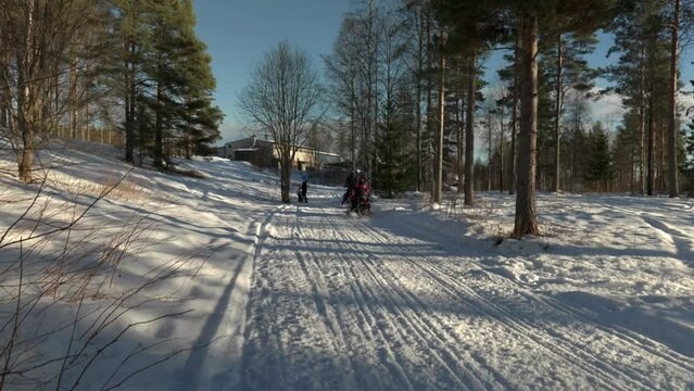 A Man and a Woman Riding Their Snow Mobiles on a Forest Path. Static shot.