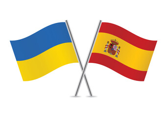 Ukraine and Spain crossed flags. Ukrainian and Spanish flags, isolated on white background. Vector icon set. Vector illustration.