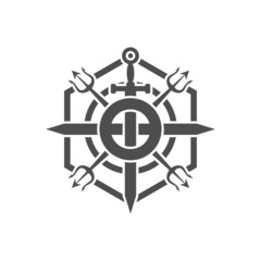 Obraz premium Vector graphics of trident and sword hexagon emblem logo in vintage style 