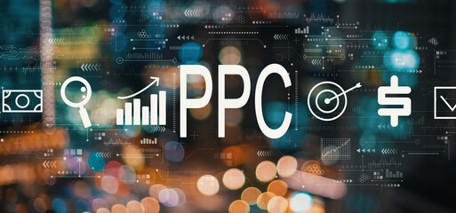 PPC - Pay per click concept with blurred city abstract lights background