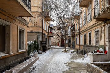 Odessa, Ukraine - January 15, 2020: Old Historical courtyard in the old city center, Odessa, Ukraine