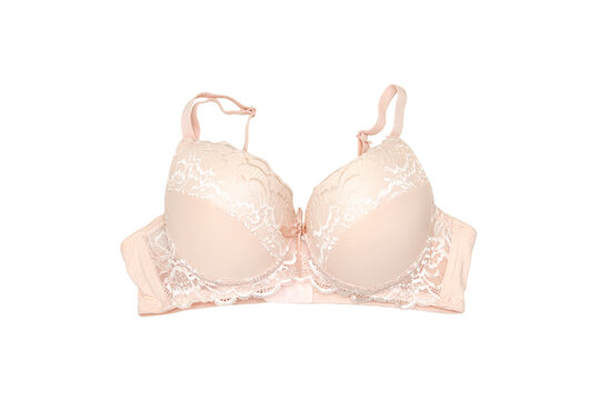 Woman elegant pink lace bra isolated on white. Stylish lingerie flat lay