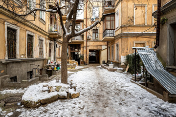 Odessa, Ukraine - January 15, 2020: Old Historical courtyard in the old city center, Odessa, Ukraine
