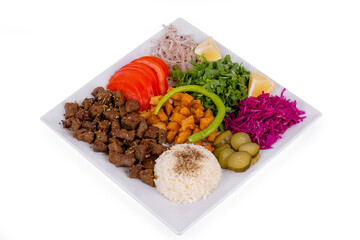Traditional Albanian Style Fried Diced Liver, Rice, Potato, Onion and Tomato (TR: Geleneksel Arnavut Cigeri, Pilav, Patates, Soğan ve Domates)