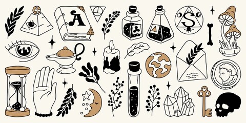 Magic symbols. hand drawn tattoo set, occult logo. Vector collection