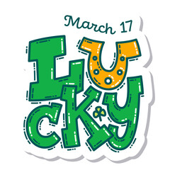 Colorful St. Patrick's Day doodle style hand-drawn sticker with simple engraving effect. Cute Irish holiday symbols and elements collection.