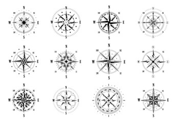 Wind icons. Vintage nautical compass symbol with north south west and east directions. Vector cartography icon set © Natalia