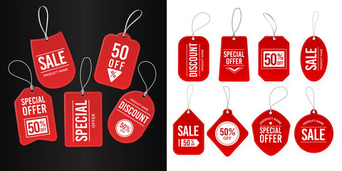 Red sale label. Realistic discount coupon, special offer shopping labels. Vector set