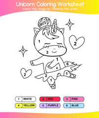 Unicorn coloring worksheet page. Coloring worksheet for preschool. Isolated outline for coloring book. Black and white image for coloring. Vector illustration.