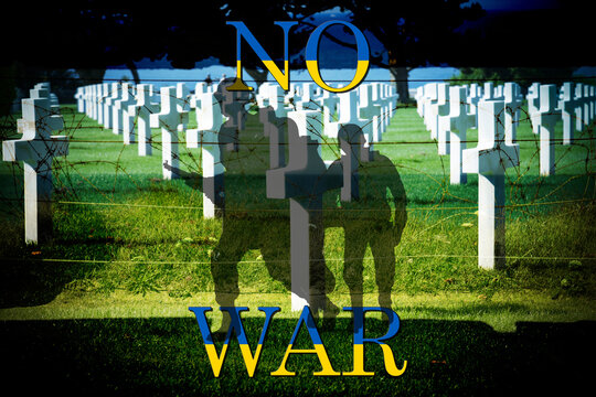 Double exposure photography of cemetery with text no war