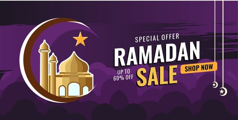 Ramadan sale discount banner template promotion design for business. Ramadan sale banner template design with a crescent moon and lanterns with Islamic background ornaments. suitable for web promotion