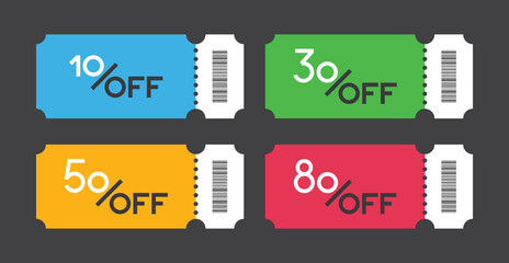 A set of colored discount coupons. Template of half-price discount offers, 10, 30, 50, 80%. Vector.