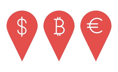 Pin pointer set. Navigation pointers. Location sign set. Map marker pointer icon set. Pins with the image of the currency. Dollar, euro, bitcoin, cryptocurrency, money. Vector graphic in flat style