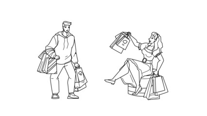 Shopping Offer And Discount For Clients Black Line Pencil Drawing Vector. Young Man And Woman Customers Making Purchases With Special Shopping Offer. Characters Store Seasonal Sales Illustration
