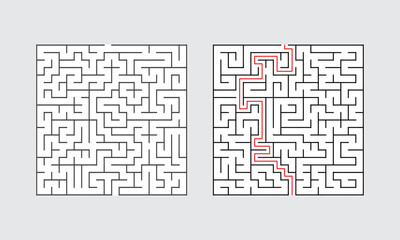 Abstract Square Maze With Solution For Adult Man And Woman. Find the Way Out to the Gift. Game For Children. Puzzle for Kids And Adult. Labyrinth Conundrum. Maze With Answer.