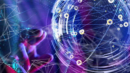 Global network. Blockchain. 3D illustration. Neural networks and artificial intelligence. Abstract