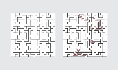 Abstract Square Maze With Solution For Adult Man And Woman. Find the Way Out to the Gift. Game For Children. Puzzle for Kids And Adult. Labyrinth Conundrum. Maze With Answer.