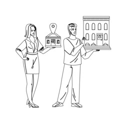 Small And Medium Enterprise Businesspeople Black Line Pencil Drawing Vector. Sme Enterprise Entrepreneurs Businessman And Businesswoman. Characters Man And Woman Commercial Commerce Business