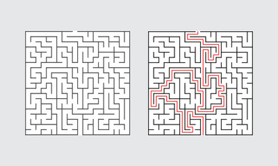 Abstract Square Maze With Solution For Adult Man And Woman. Find the Way Out to the Gift. Game For Children. Puzzle for Kids And Adult. Labyrinth Conundrum. Maze With Answer.