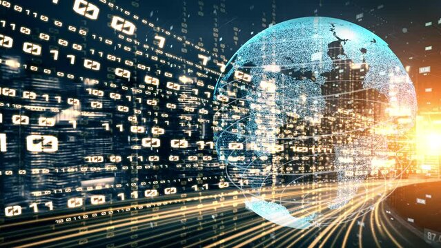 Futuristic global network and tacit digital data transfer 3D graphic . Concept of smart digital transformation and technology disruption that changes global trends in new information era .