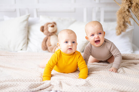 sister babies are sitting on the bed at home and smiling while playing, two cute little twin babies in a cotton bodysuit are crawling on the bed in the morning