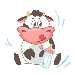 A cow with a bottle of milk. Cute character. Vector illustration. Cartoon style.