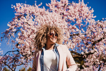 portrait of happy hispanic woman with afro hair in spring among pink blossom flowers. sunny nature
