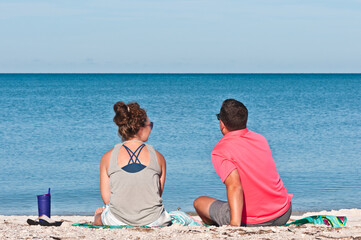 back view, medium distance of a young couple, sitting on a blanket, of a sandy, tropical beach, watching porpoise pass by their view
