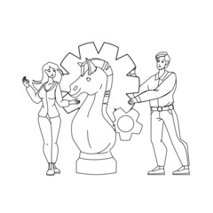 Business Strategy Thinking Man And Woman Black Line Pencil Drawing Vector. Young Boy And Girl Businesspeople Couple With Horse Chess Figure Planning Strategy Or Play Game. Characters Illustration