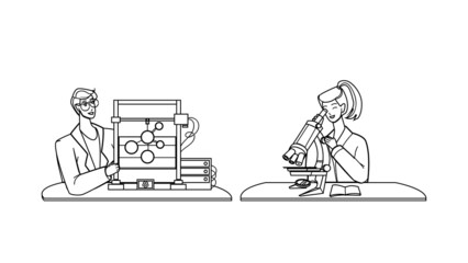 Student Science Work And Research In Lab Black Line Pencil Drawing Vector. Young Girl Student Science Looking At Microscope And Boy Teen Working With Laboratory Researchment Equipment. Character