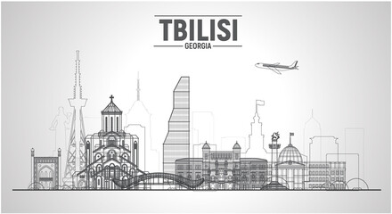 Fototapeta na wymiar Tbilisi (Georgia) line skyline on a white background. Flat vector illustration. Business travel and tourism concept with modern buildings. Image for banner or website.