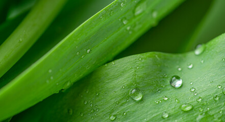 Naklejka premium Natural background of macro drops on green leaves.