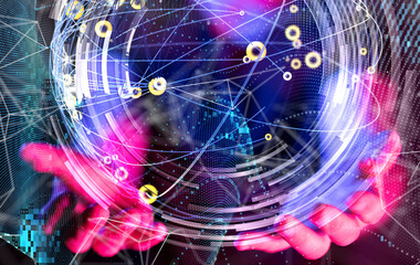 Global network. Blockchain. 3D illustration. Neural networks and artificial intelligence. Abstract