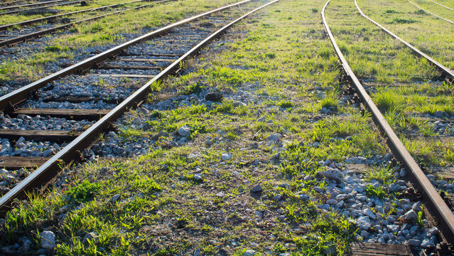 Old railway tracks with wooden sleepers disappearing in the grass, multiple paths