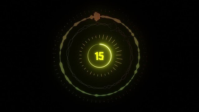 Yellow Countdown 20 second with gold futuristic wave spectrum effect element.
Loop Abstract count down interface HUD wave motion like music equalizer, audio waves, spectrum, sound frequency.