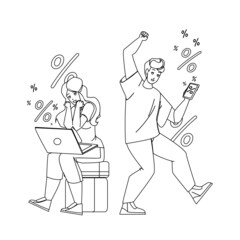 Online Discount Offer In Internet Store Black Line Pencil Drawing Vector. Happy Man And Woman Customers Celebrating Seasonal Online Discount. Characters Purchasing On Mobile Phone Or Laptop