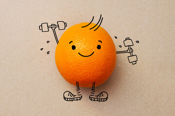 Orange with dumbbells. A symbol of a healthy snack for cheerfulness and health
