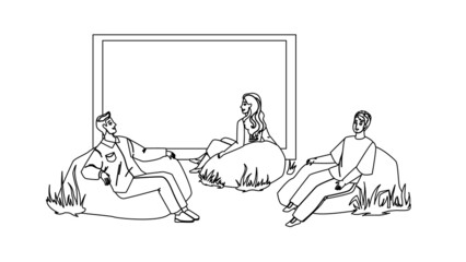 Outdoor Cinema Movie Enjoy People Together Black Line Pencil Drawing Vector. Men And Women Sitting In Soft Armchair And Watching Film In Outdoor Cinema. Character Resting Leisure Time Outside