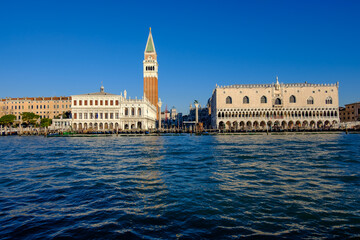 Fototapeta na wymiar panoramic view from a boat to the mark's square with clocktower campanile and doge's palace in venice, italy